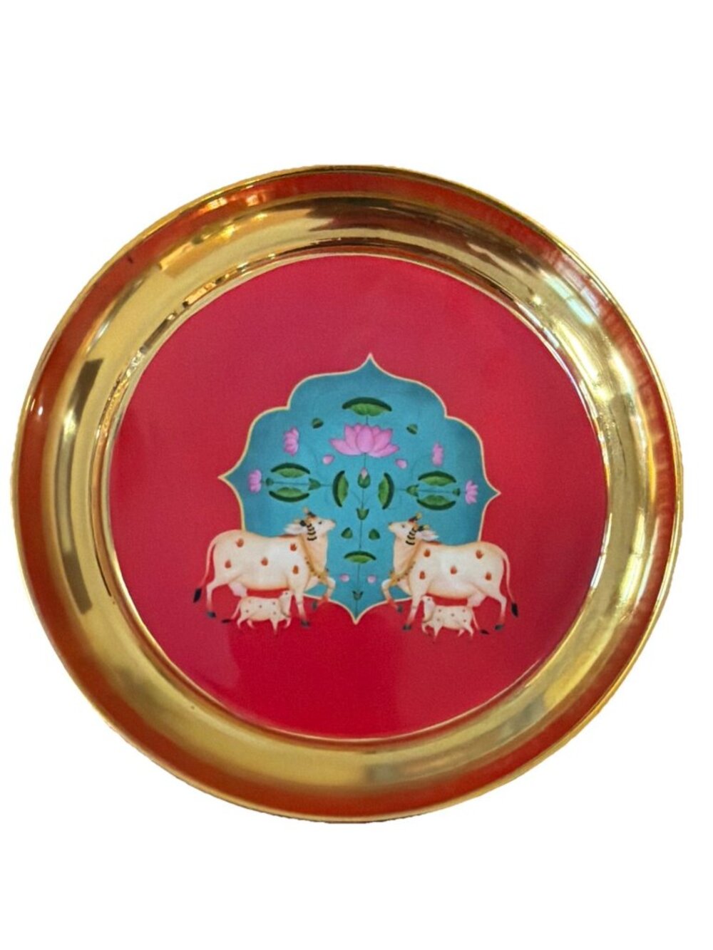 Indian Pichwai Cow Decorative Trinket Coaster Gold Tone Red 6 Inch